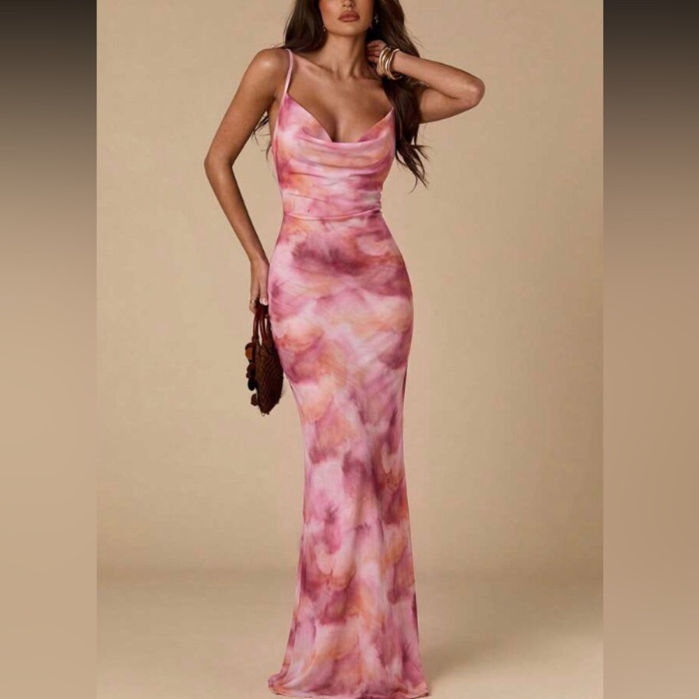 Pink Slip Dress with Cowl Neck